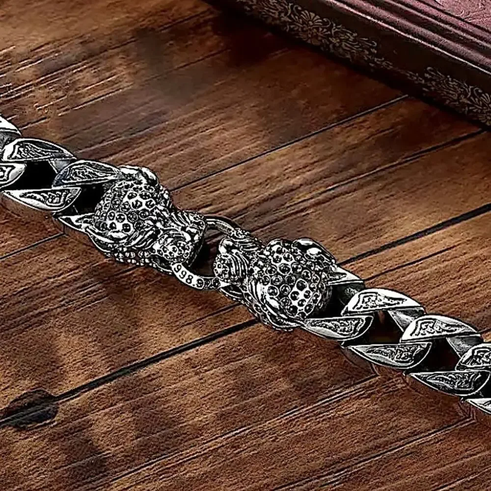 Stainless Steel Leopard Viking Bracelet, Double Headed, Norse, Horsetail…